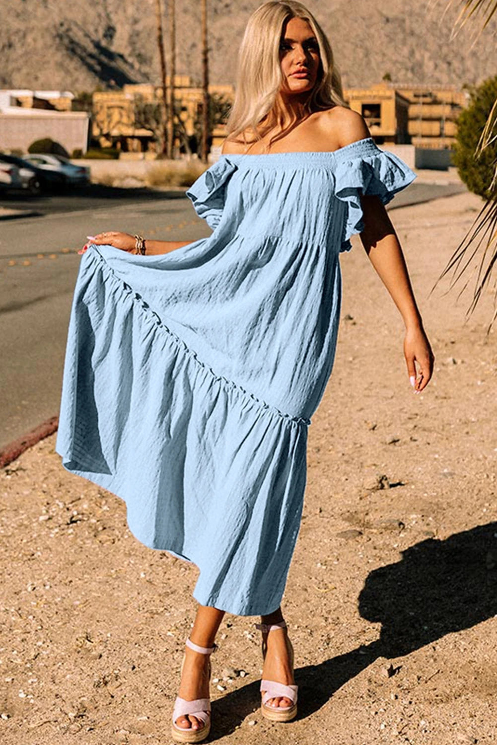 Ruffled Flutter Sleeve Square Neck Textured Tiered Maxi Dress