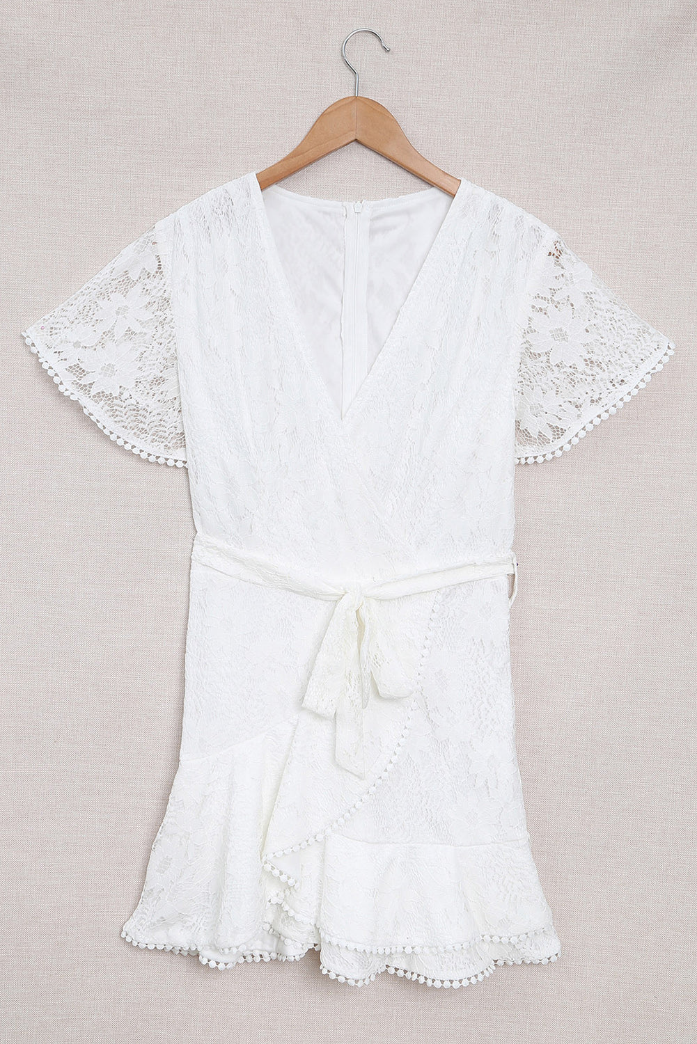 Flutter Sleeve Wrap V Neck Floral Lace Short Dress