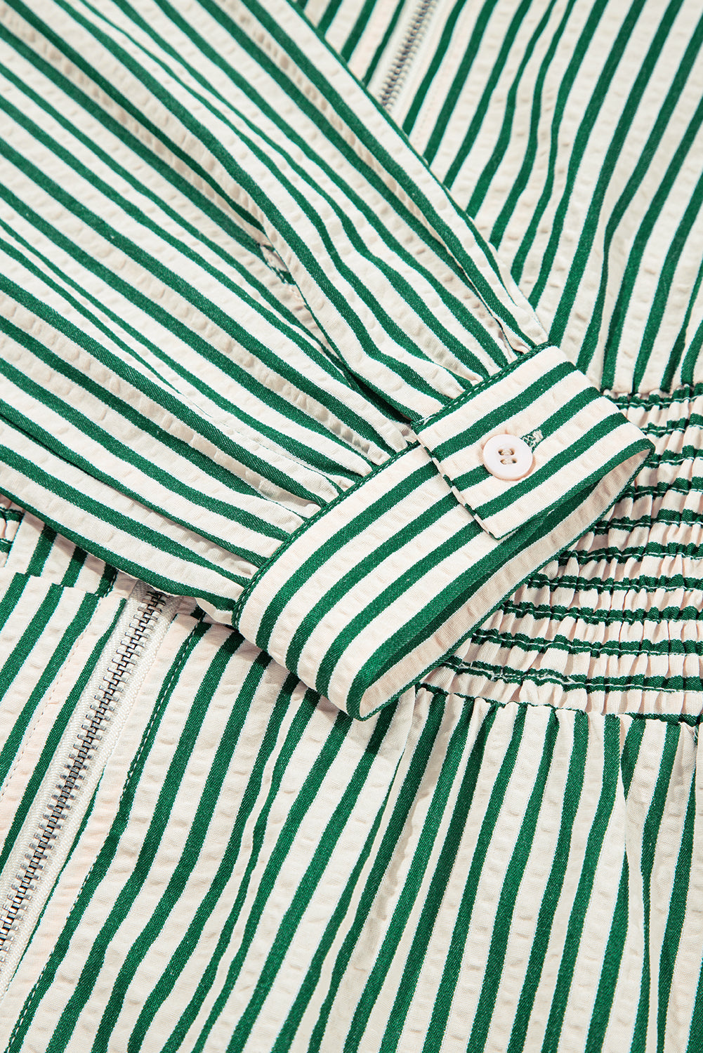 Stripe V Neck Zip Front Cinched High Waist Midi Dress