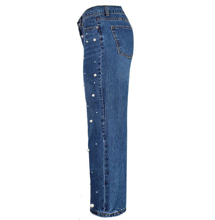High waist straight loose wide leg pearl studded flared jeans