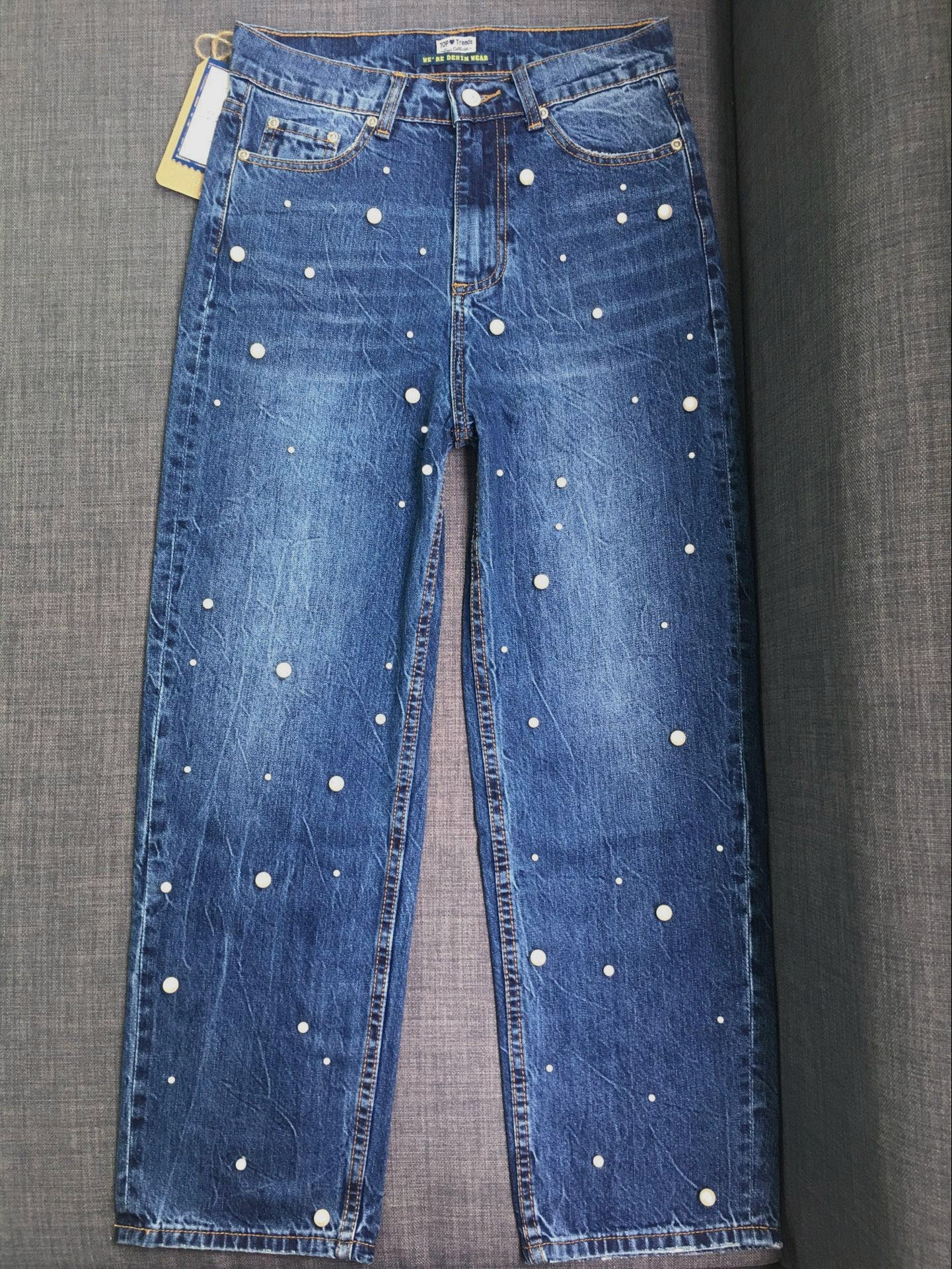 High waist straight loose wide leg pearl studded flared jeans