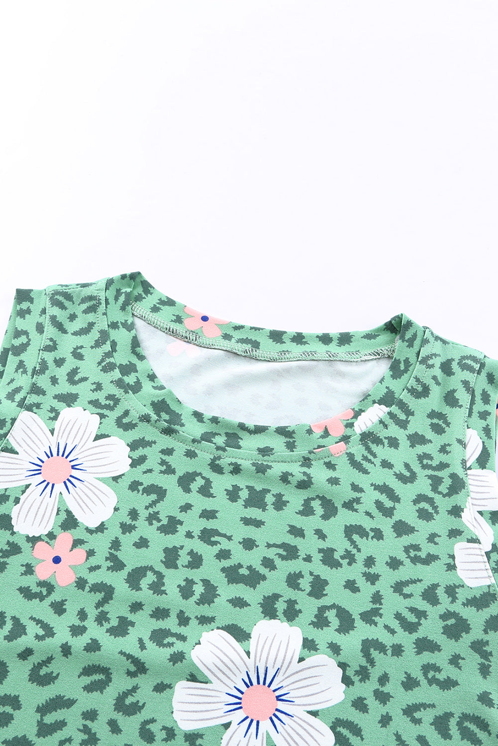 Green Crew Neck Floral Leopard Print Tank Top