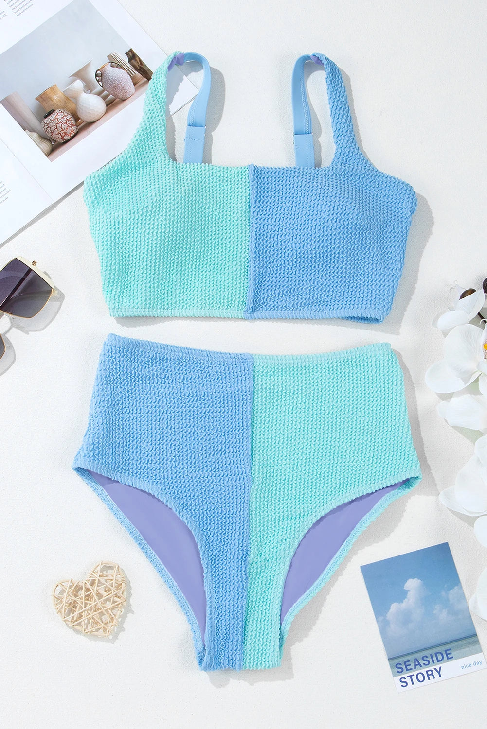 Sky Blue Corded Colorblock Square Neck Bikini Swimsuit