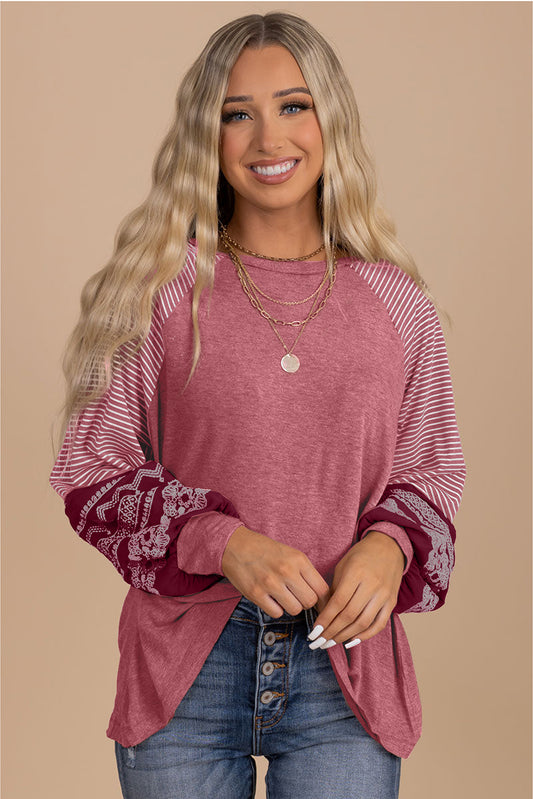 Contrast Print Striped Raglan Long Sleeve Loose Top