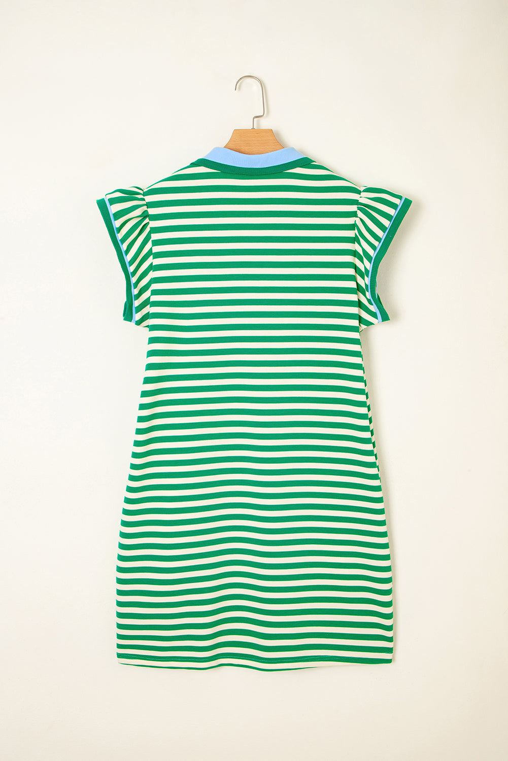 Stripe Print Contrast Collar Split Neck Flutter Sleeve Short Dress