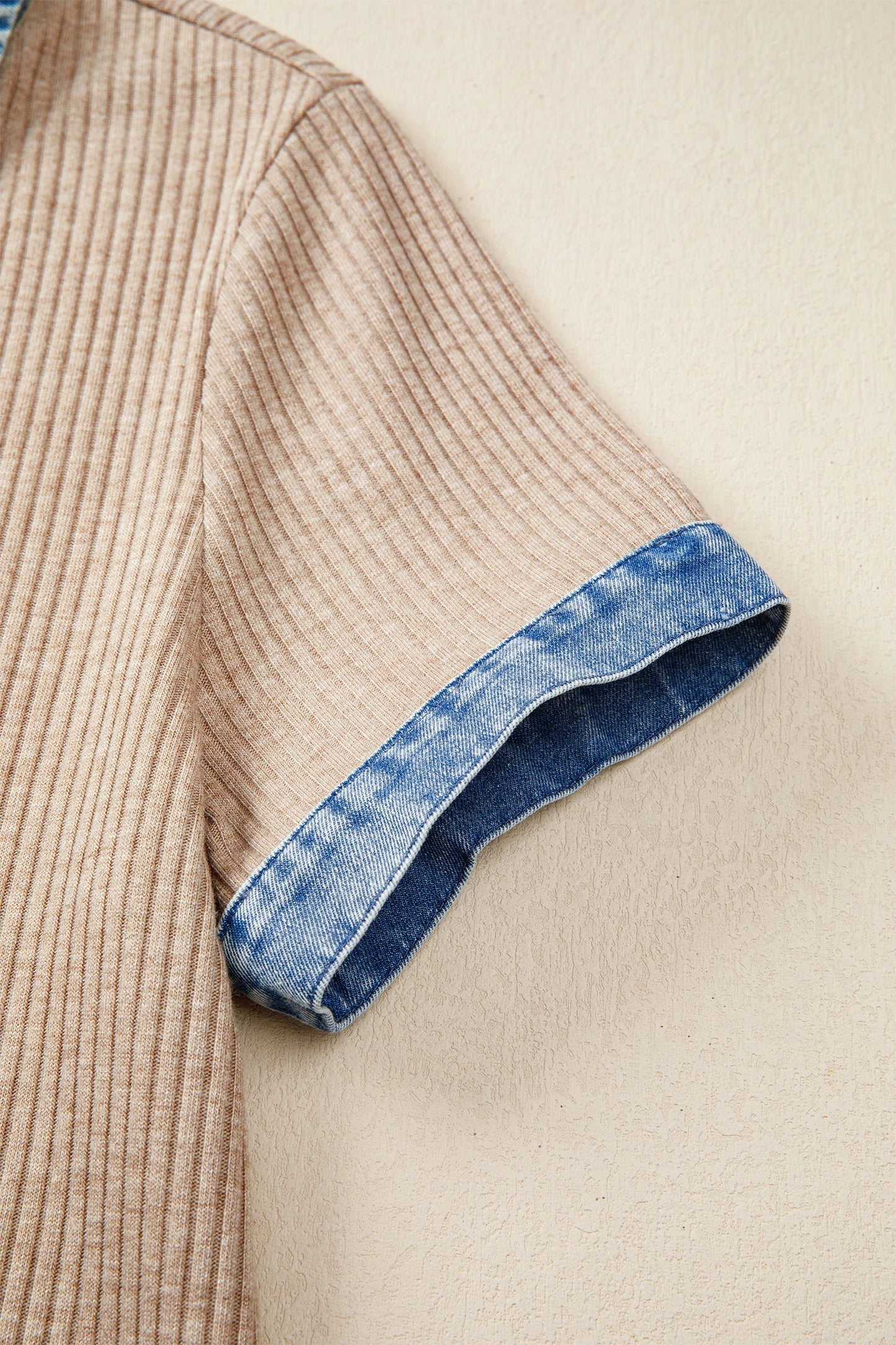 Beige Ribbed Knit Denim Color Block Patchwork Button Detail Collared Blouse