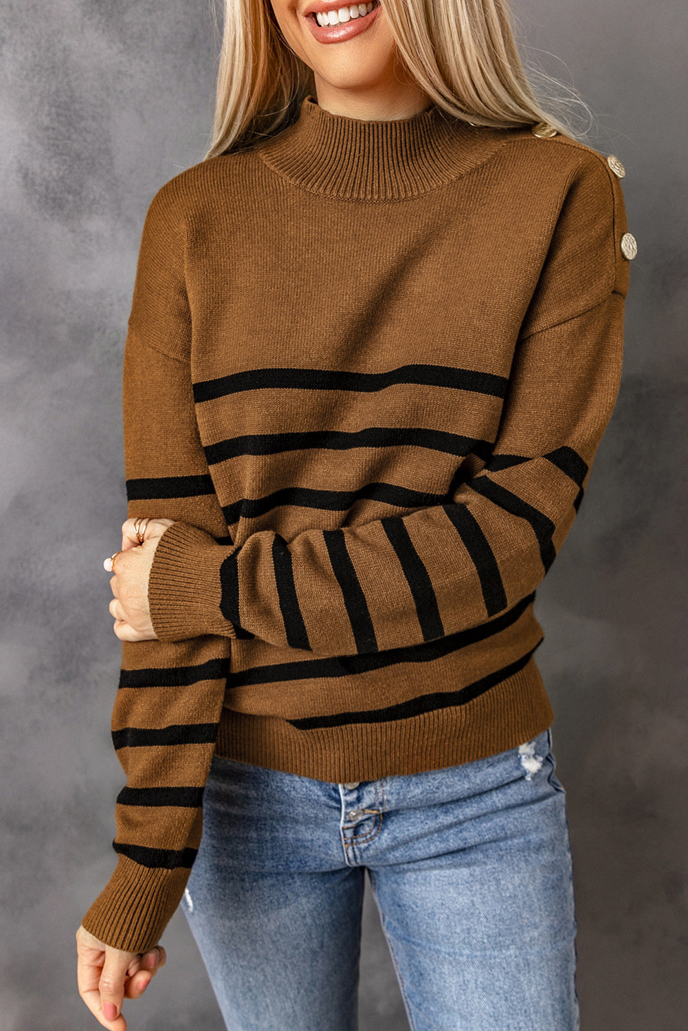 Khaki Striped Turtleneck Long Sleeve Sweater with Buttons