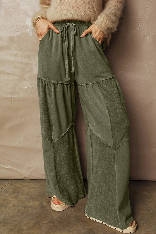 Mineral Wash Tiered Wide Leg Patchwork Drawstring Pants