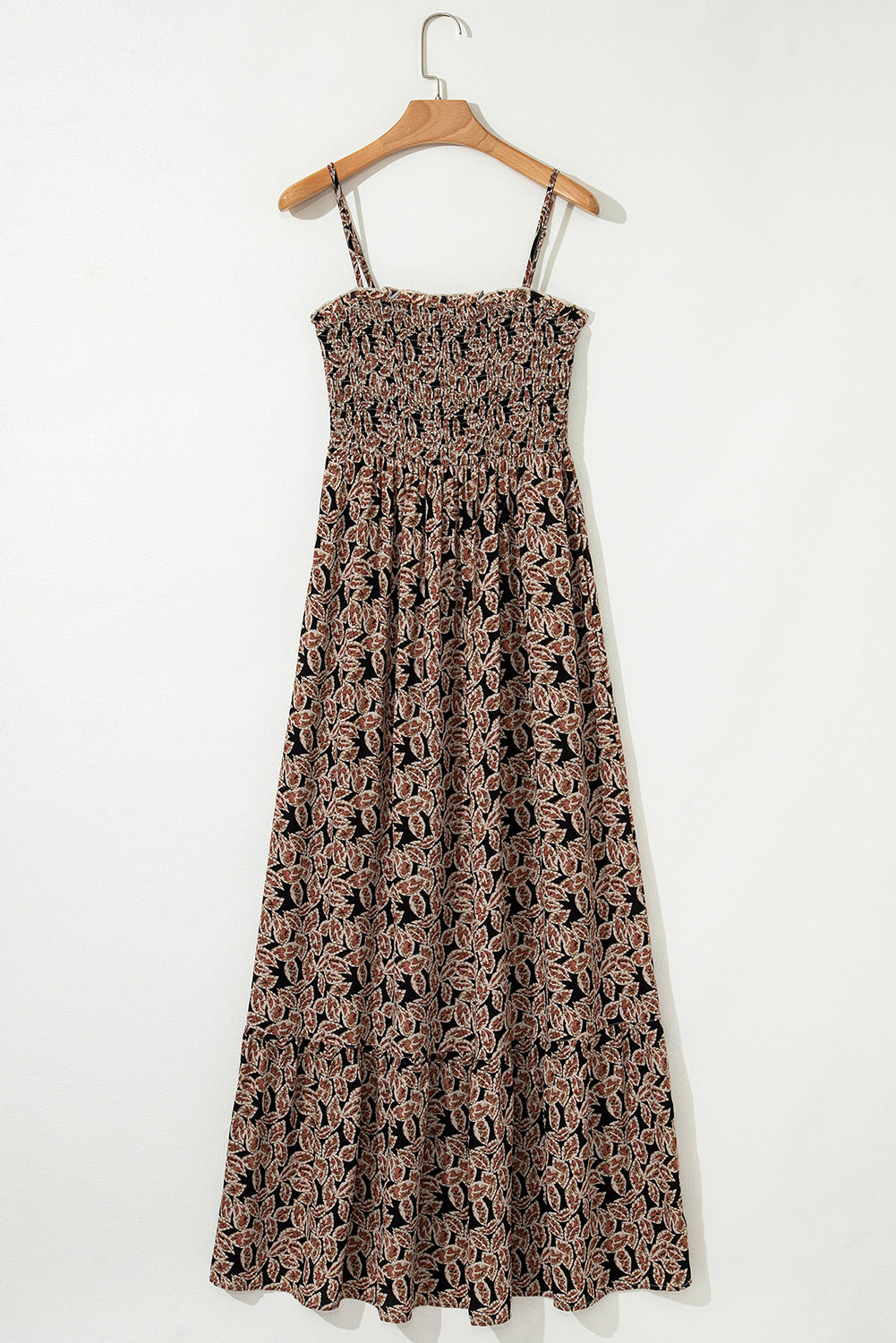 Brown Floral Smocked Bodice High Waist Flowy Sun Dress
