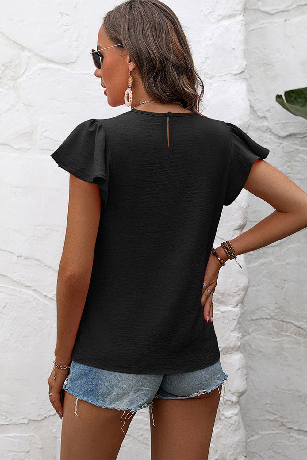 Flounce Sleeve Pleated Textured Blouse