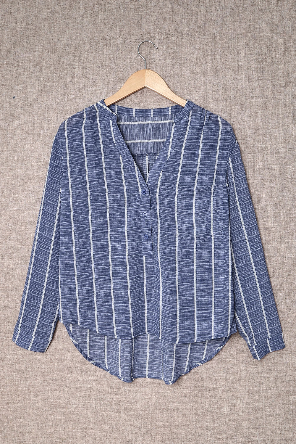 Blue Striped Print V Neck Half Buttons Loose Blouse