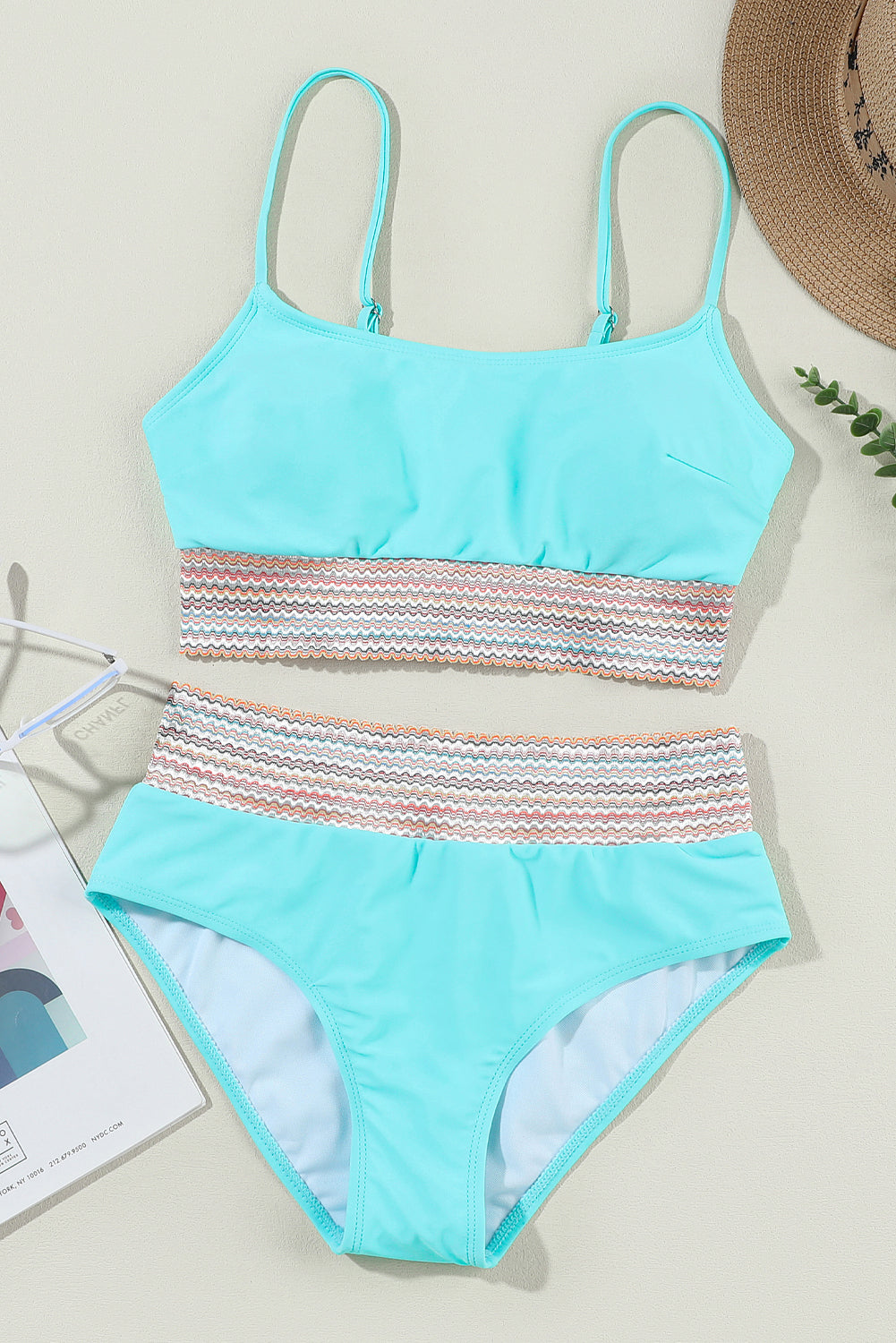Striped Patchwork Spaghetti Strap High Waist Bikini Swimsuit