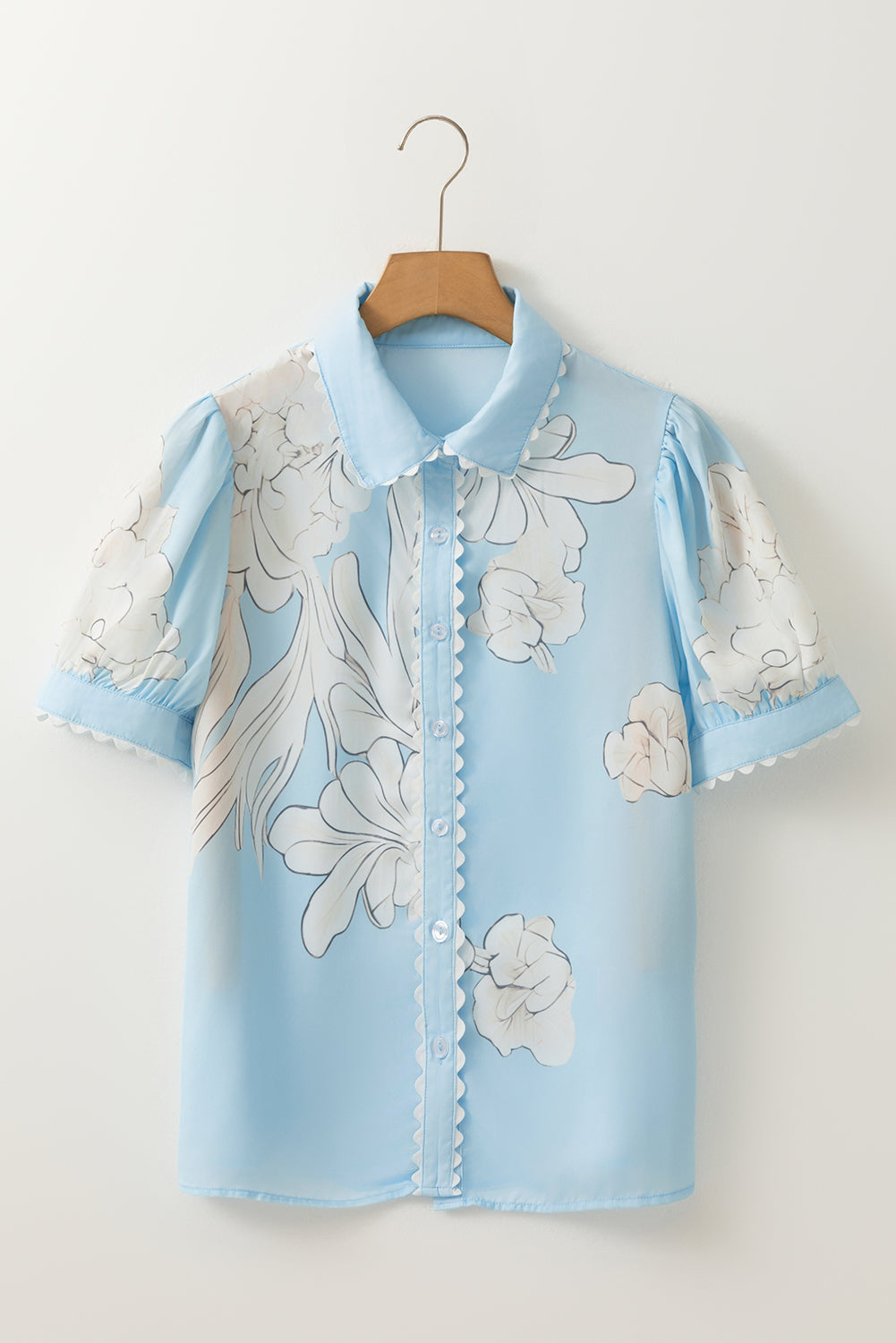 Floral Ric Rac Edge Puff Sleeve Button Up Summer Shirt