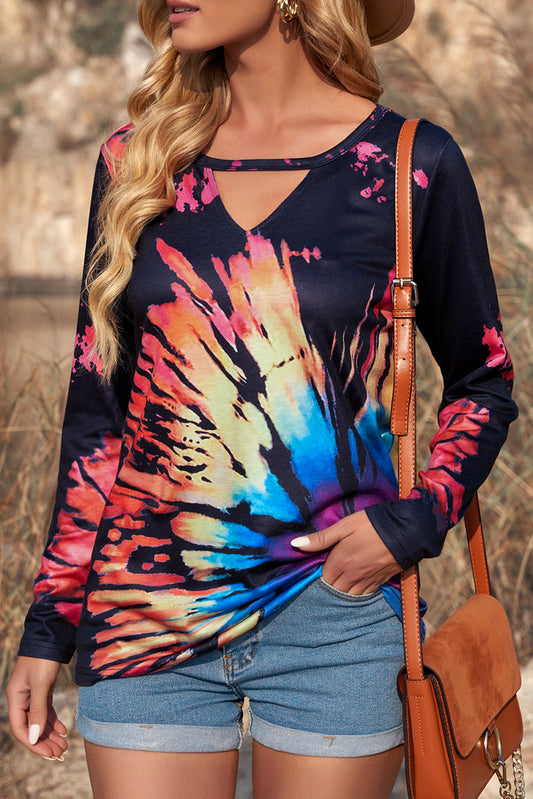 Rainbow Color Tie Dye Cut-out Long Sleeve Blouse