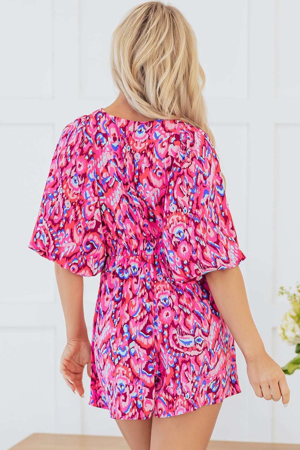Abstract Print Puff Sleeve V Neck High Waist Romper