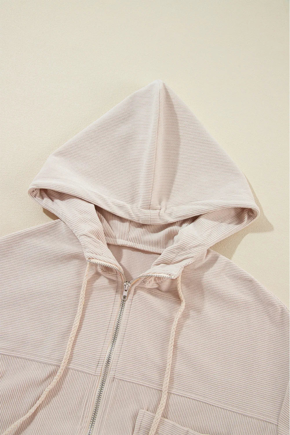 Corduroy Drawstring Hooded Pocket Zip Up Jacket