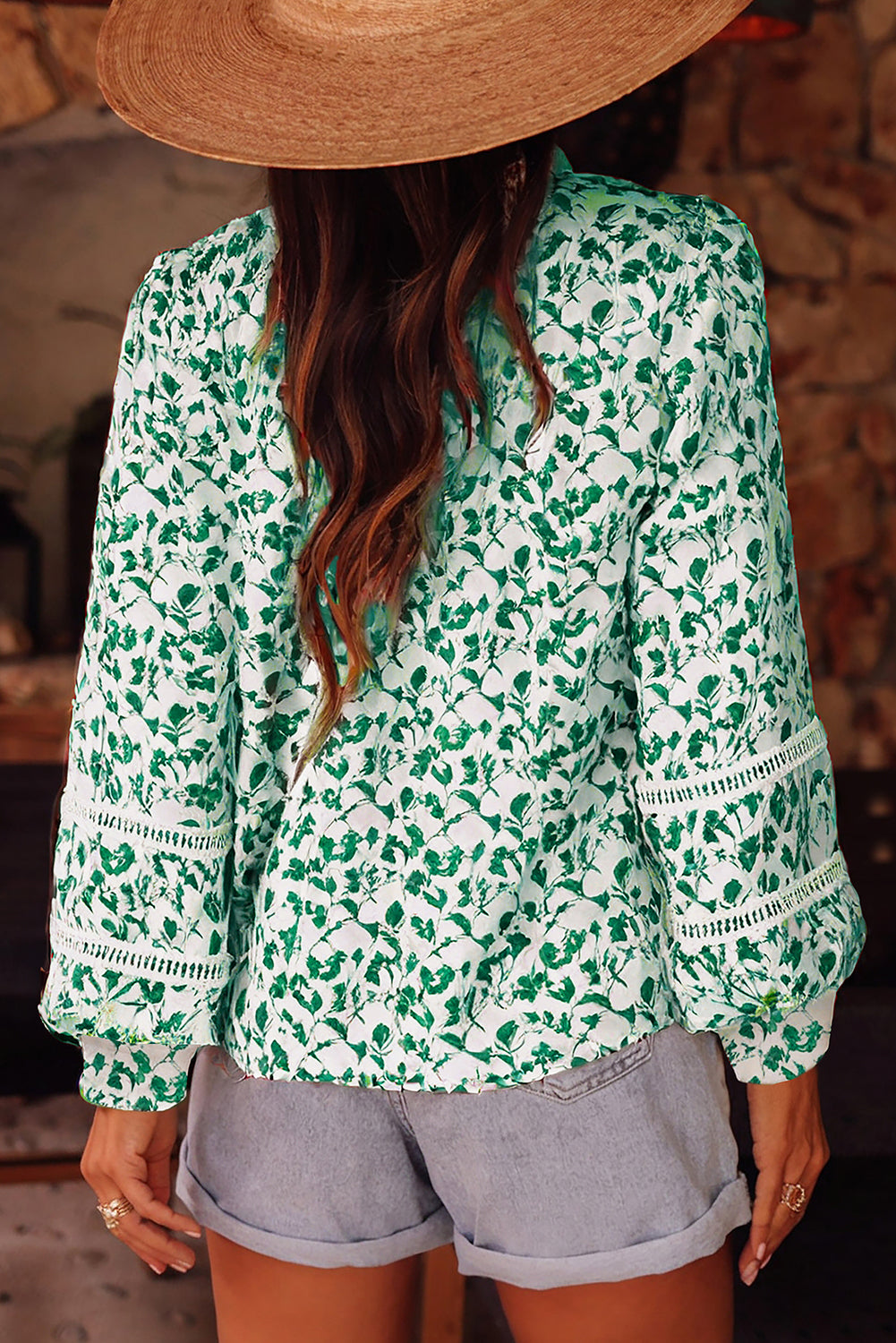 Printed Lace Detail Floral Puff Sleeve Fall Shirt