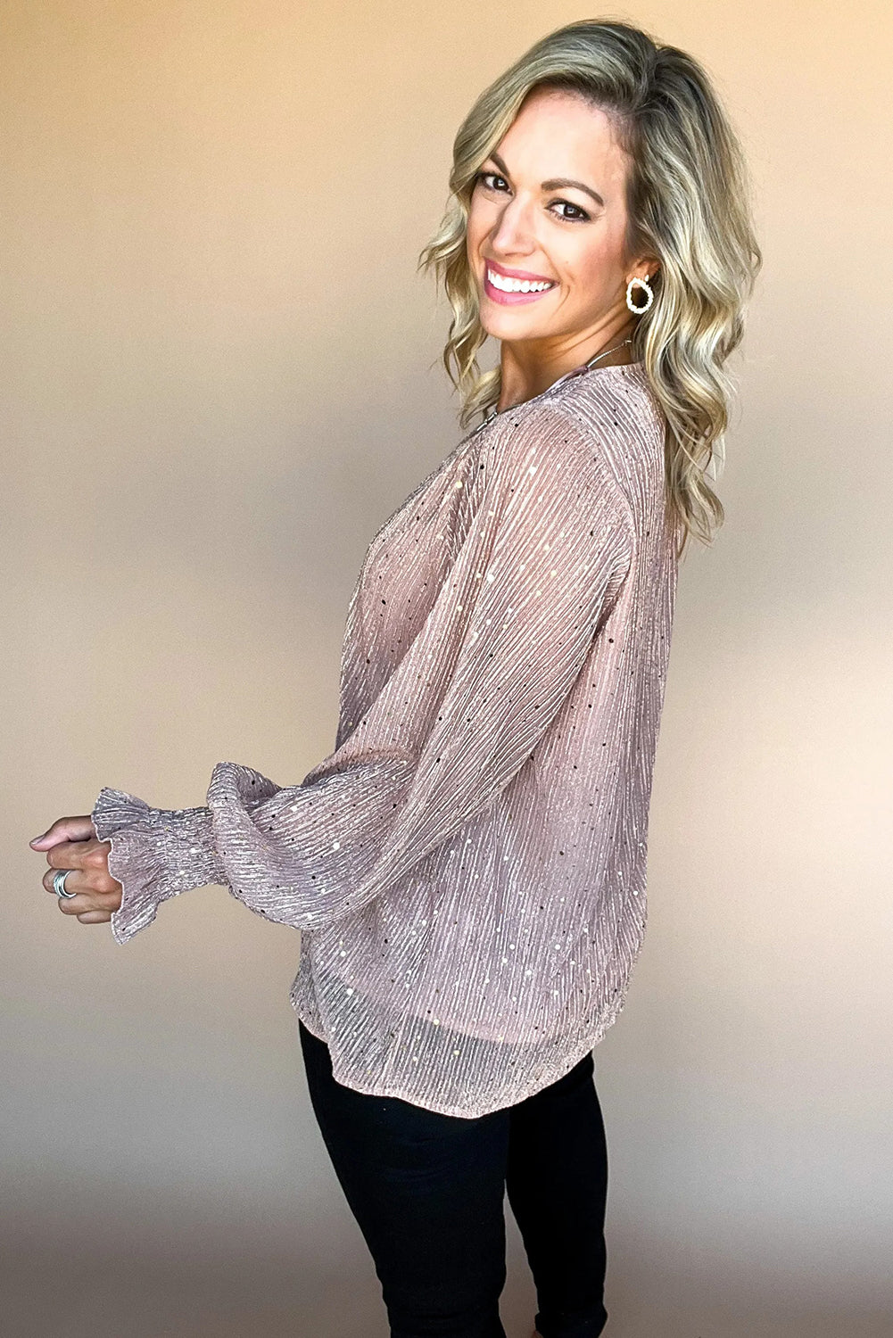Light Pink V Neck Sequin Plisse Long Sleeve Blouse