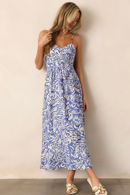 Sky Blue Floral Print Spaghetti Strap High Waist Maxi Dress