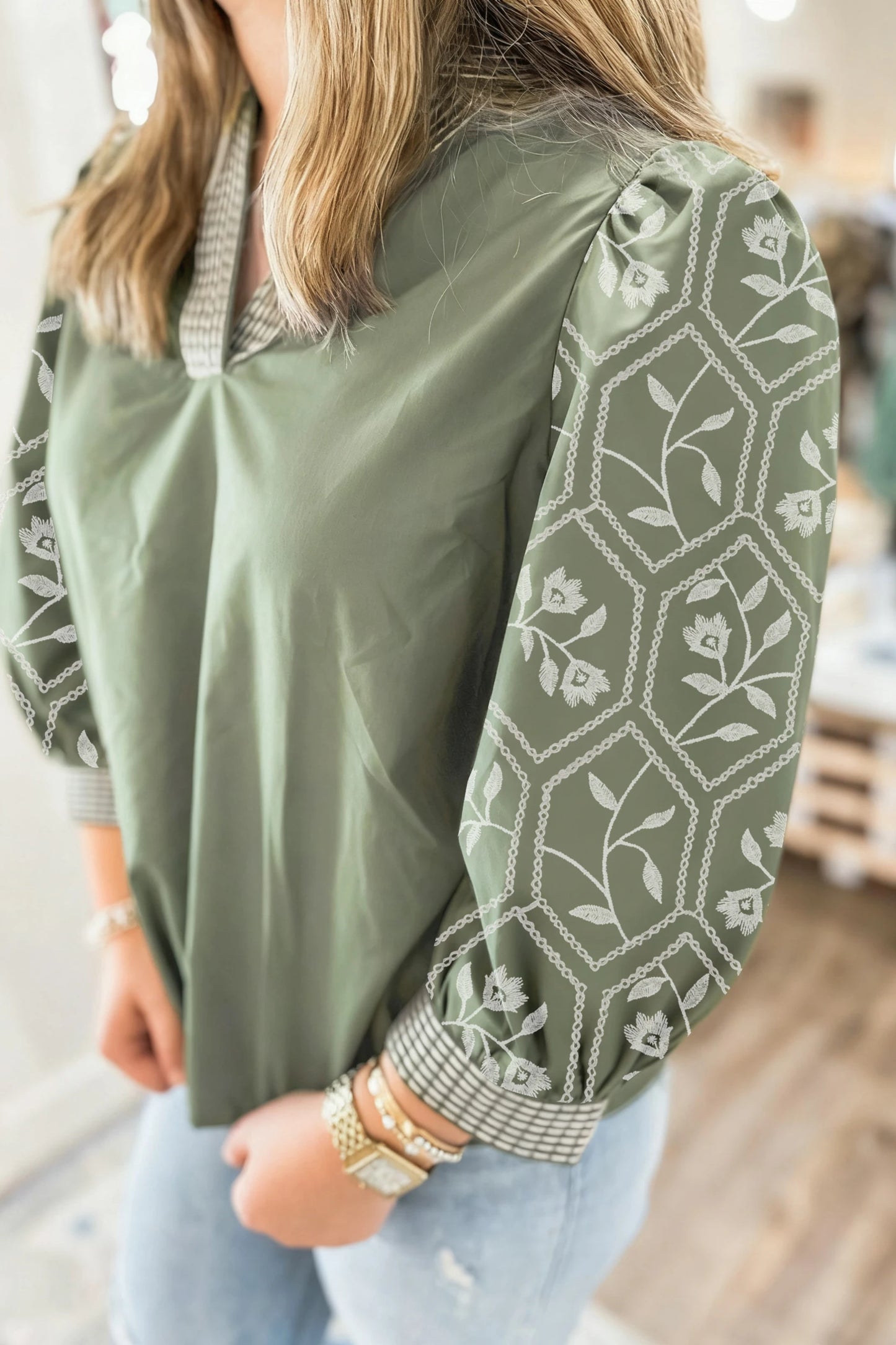 Grass Green Floral Puff Sleeve Contrast V Neck Patchwork Blouse
