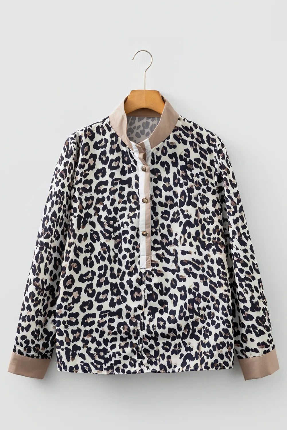 Multicolour Leopard Print Contrast Patchwork Cuffs Button Collared Top