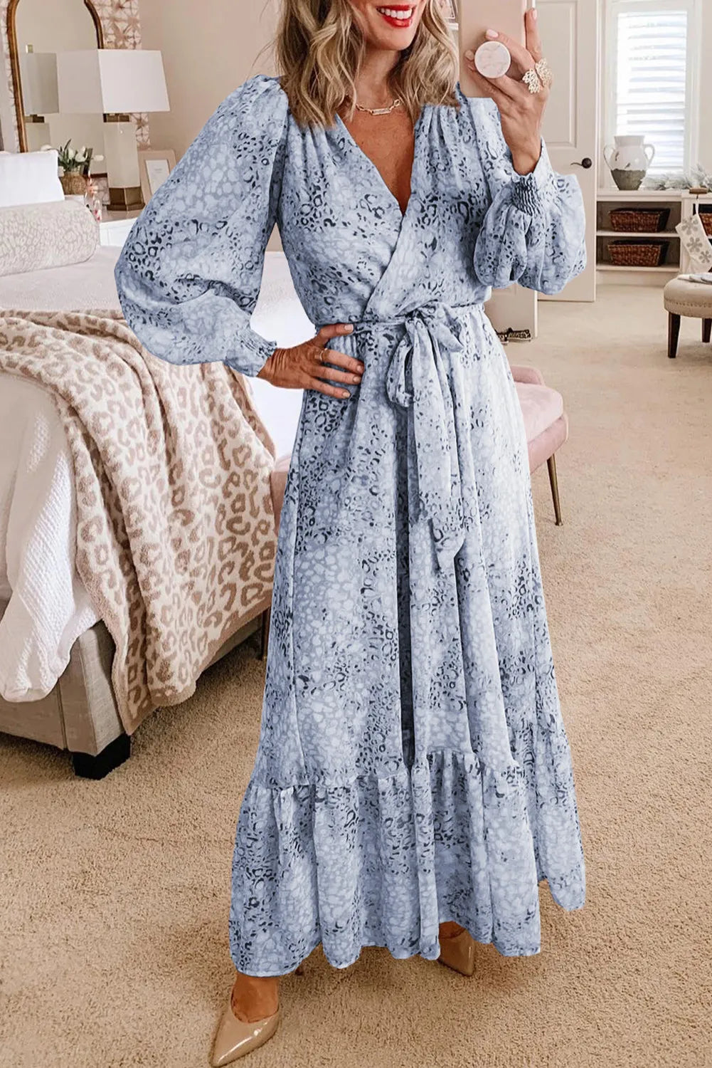Leopard Surplice Neck Bubble Sleeve Maxi Dress with Sash The Perfect Touch SA