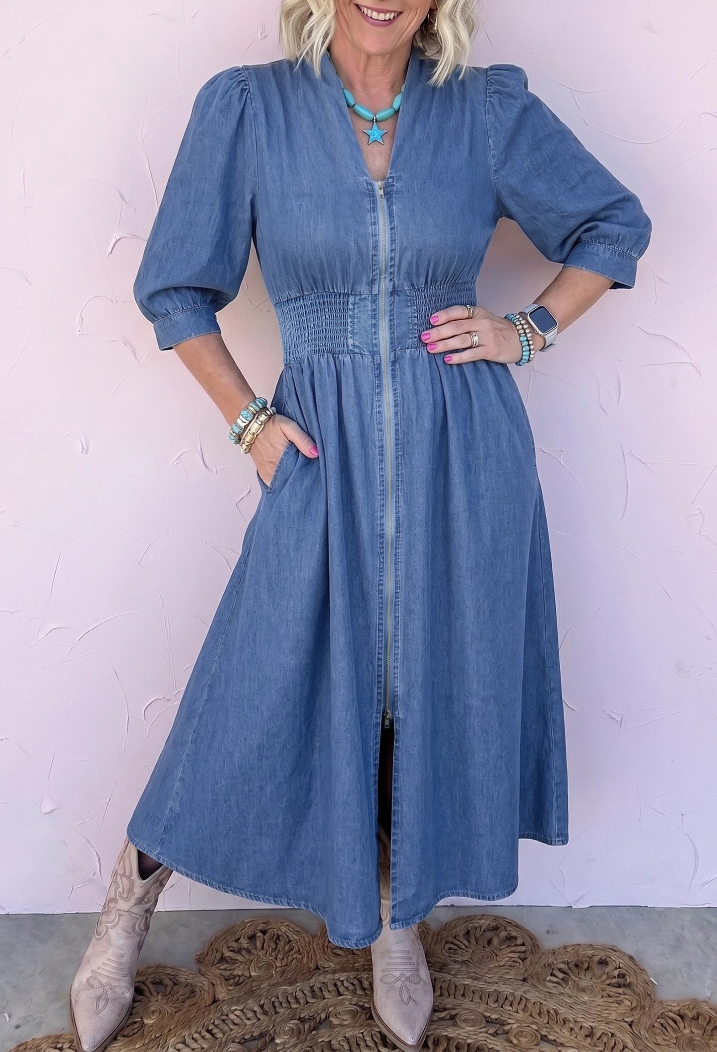 Blue V Neck Shirred Waist Metal Zipper Denim Midi Dress