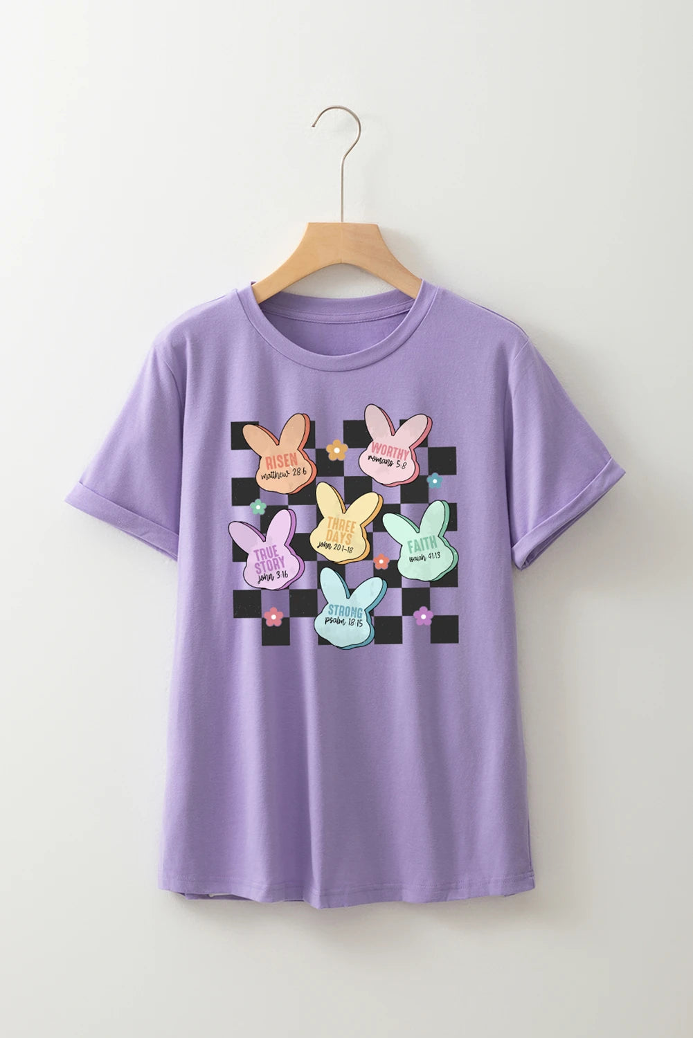 Wisteria Bunny Bible Verses Checkered Print Easter T Shirt