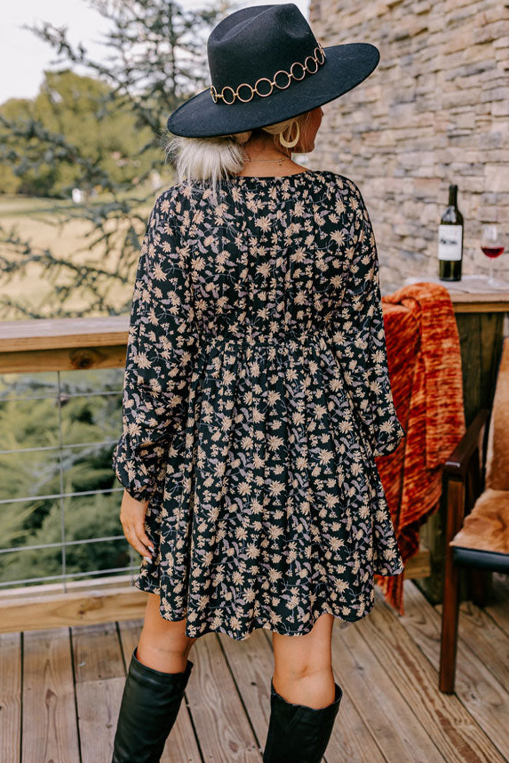 Floral Deep V Neck Smocked Bust Bubble Sleeve Babydoll Dress