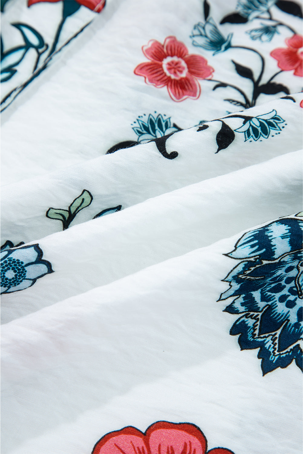 White Floral Print Frilled Collar V Neck Button Down Long Sleeve Shirt