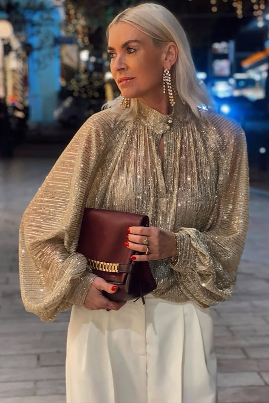 Gold Metallic Balloon Sleeve Buttoned High Neck Loose Blouse