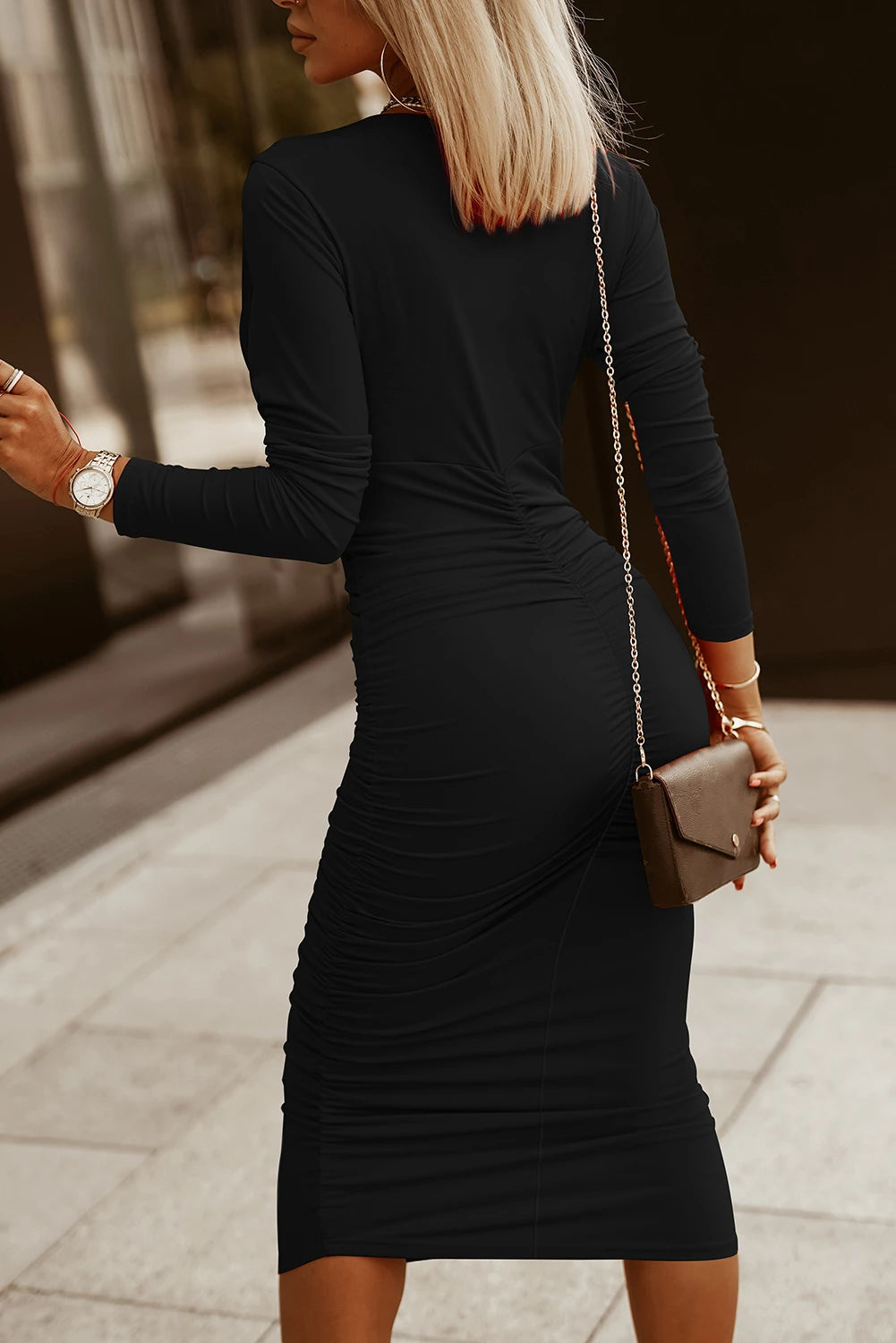 Long Sleeves Wrap V Neck Ruched Sheath Midi Dress