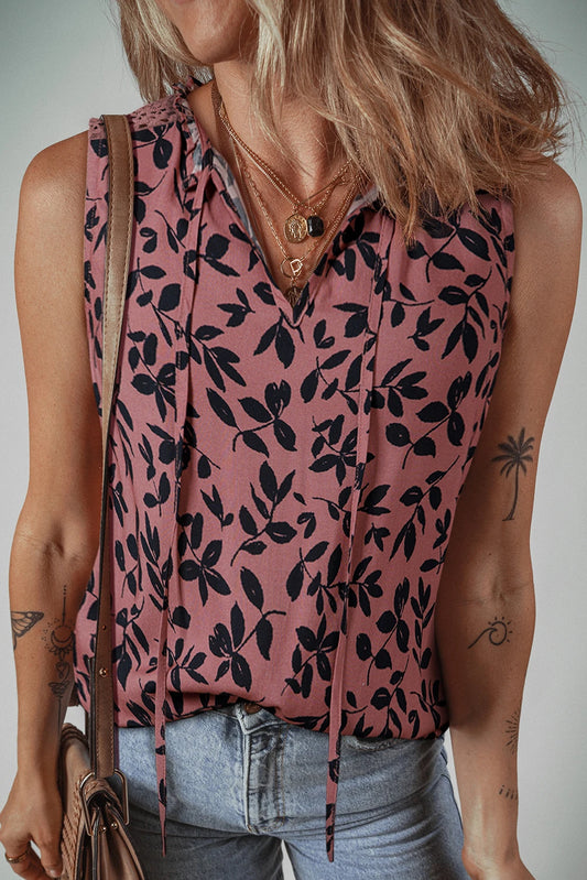 Brown Leaf Print Lace-up V Neck Crinkled Tank Top