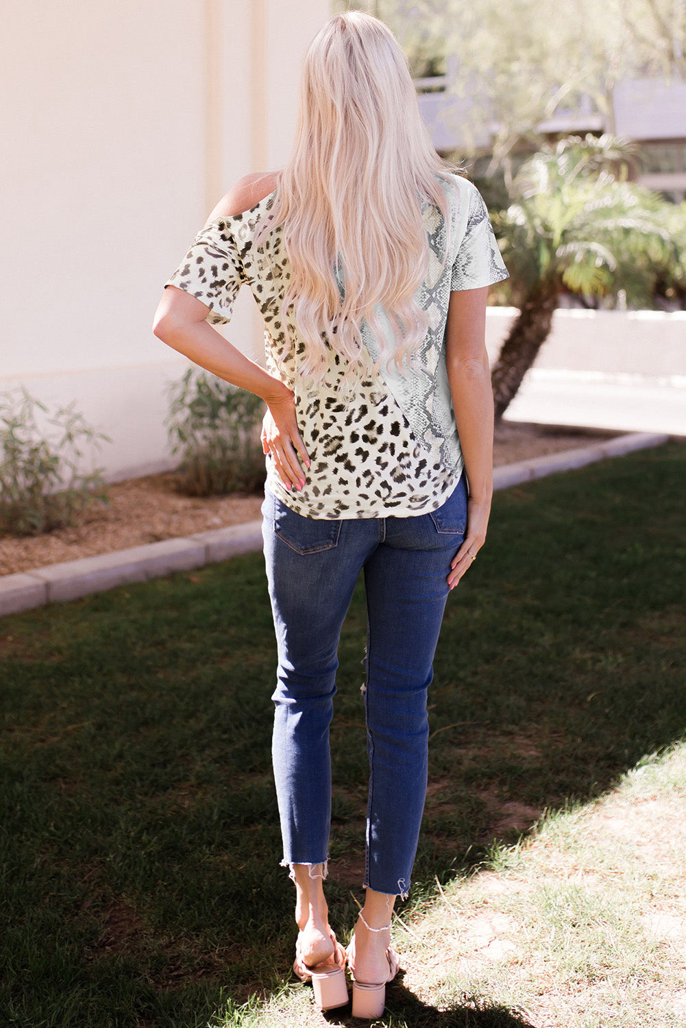 Snakeskin Leopard Color Block Cold Shoulder Short Sleeve T-shirt