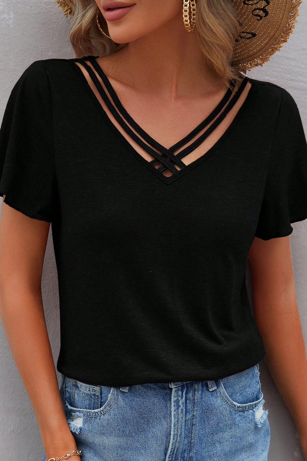 Crisscross V Neck Butterfly Sleeve T Shirt