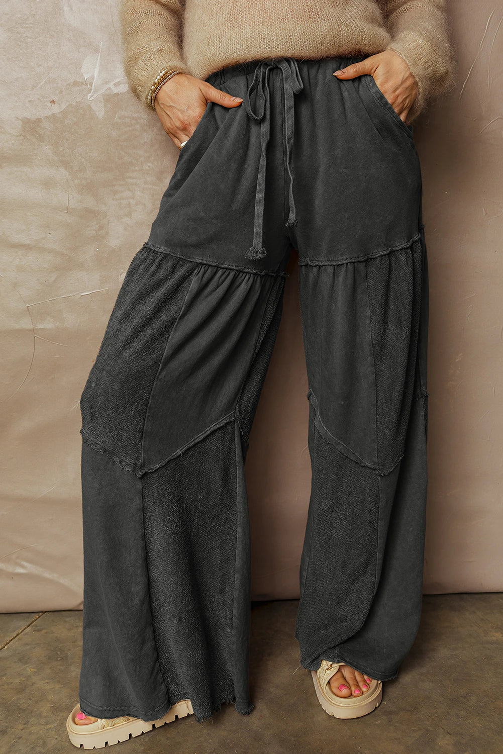 Mineral Wash Tiered Wide Leg Patchwork Drawstring Pants