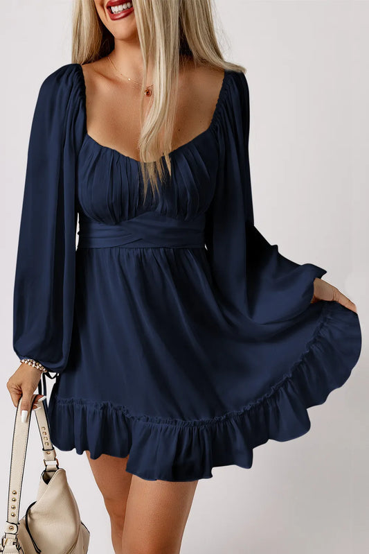 Plain Ruffled High Waist Square Neck Mini Dress