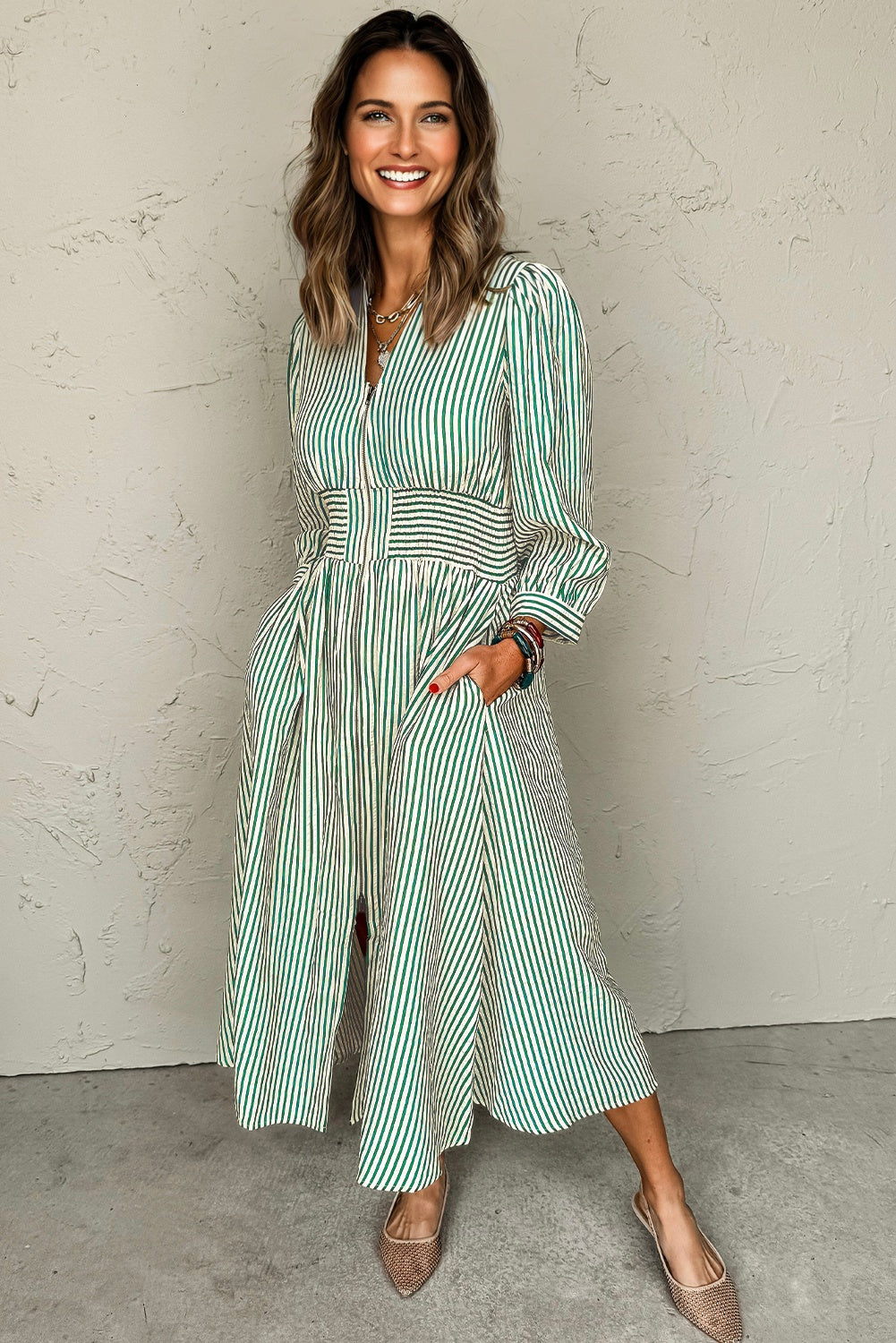 Stripe V Neck Zip Front Cinched High Waist Midi Dress