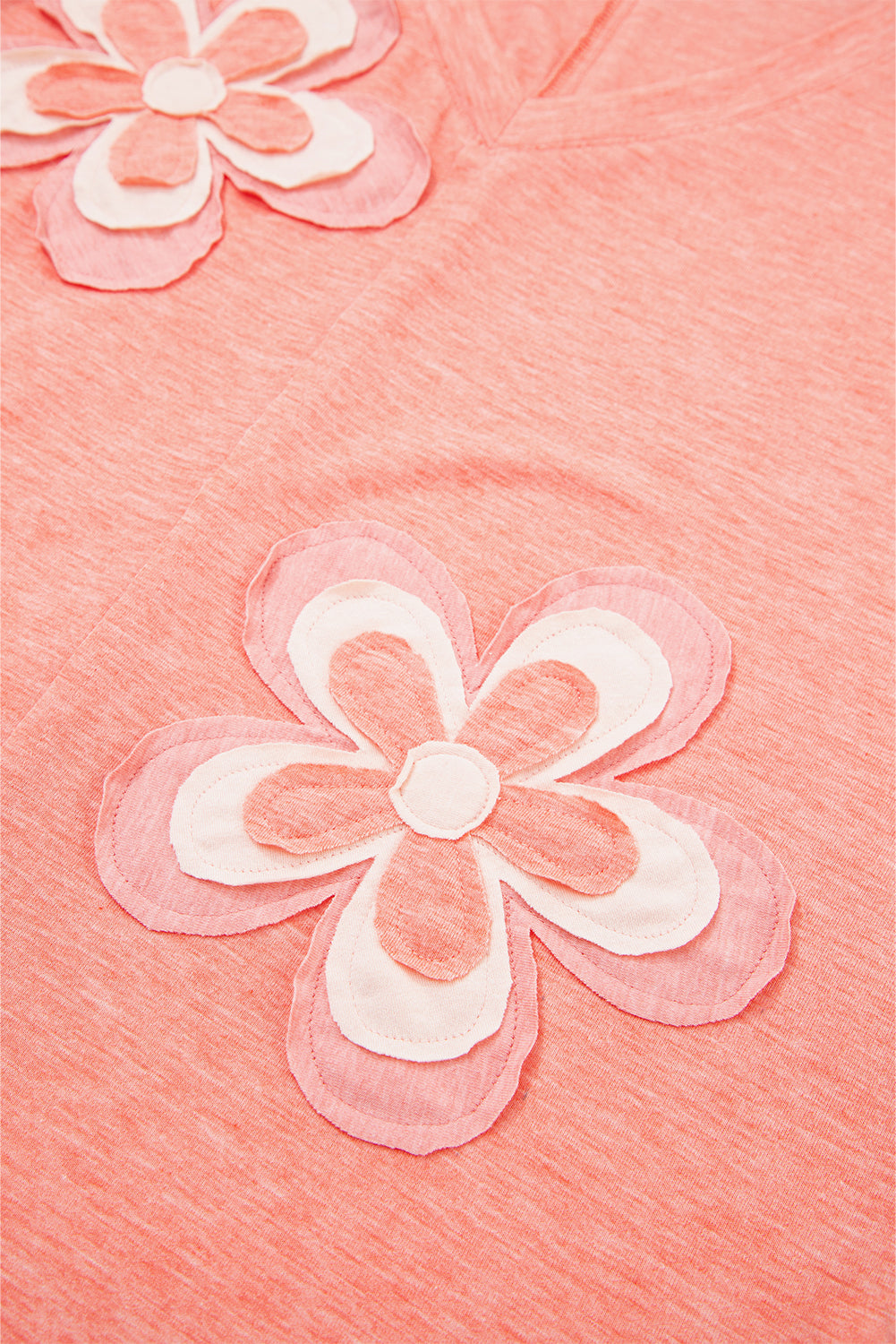 Salmon Floral Patchwork V Neck Long Sleeve T Shirt