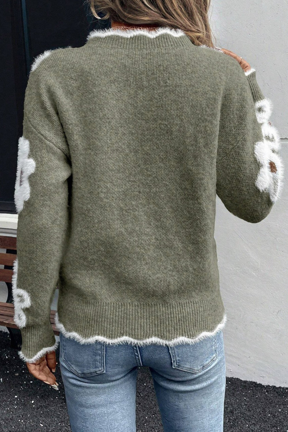 Plush Flower Pattern Scalloped Trim V Neck Sweater