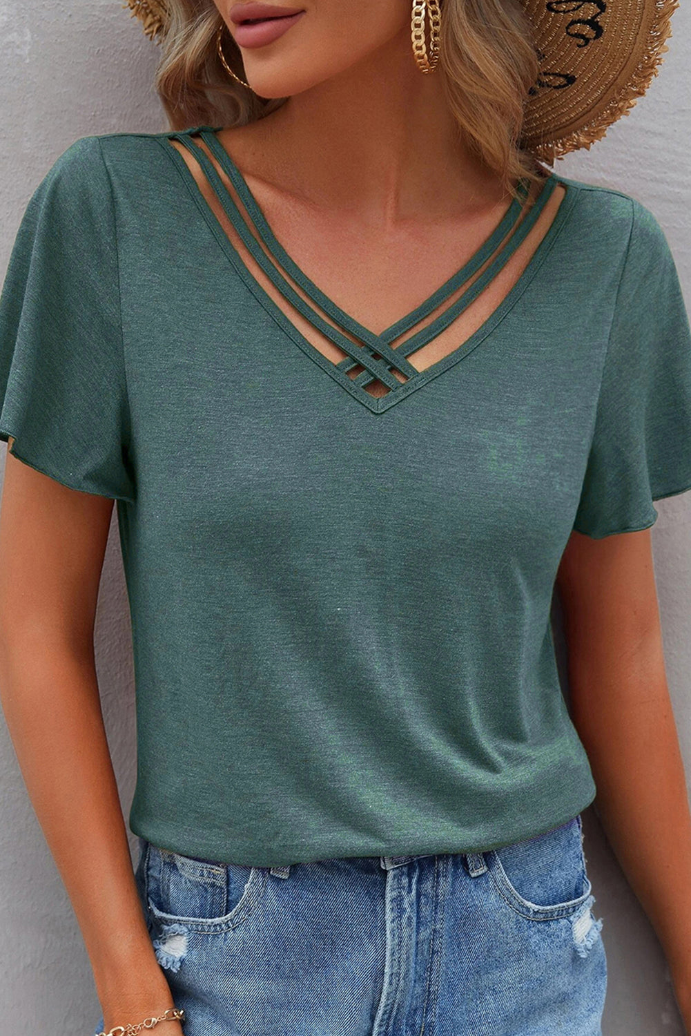 Crisscross V Neck Butterfly Sleeve T Shirt