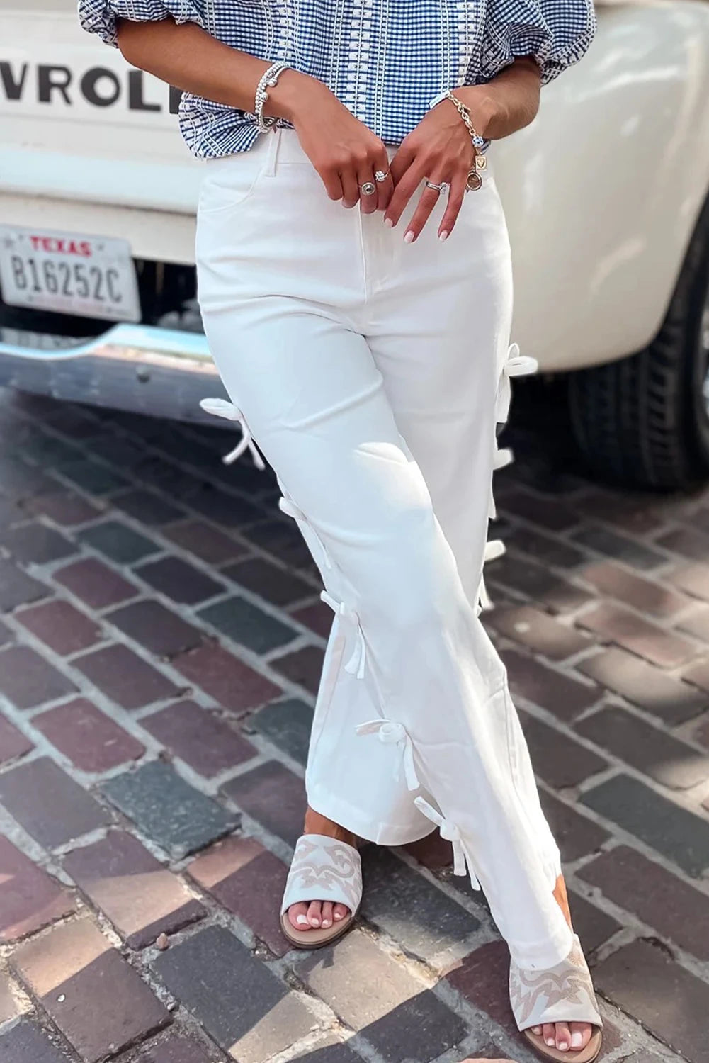 White Bow Knot Side Detail Straight Leg Loose Jeans