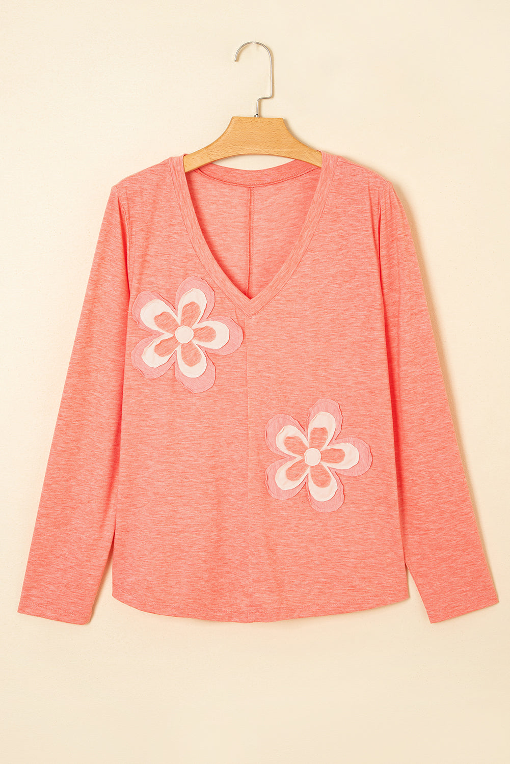 Salmon Floral Patchwork V Neck Long Sleeve T Shirt