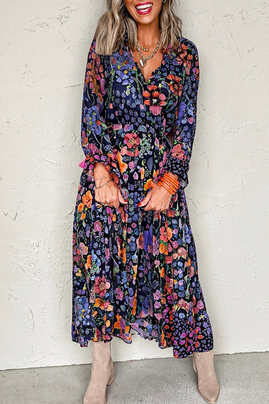 Blue Floral Print Tassel Tie V Neck Long Sleeve Flowy Long Dress