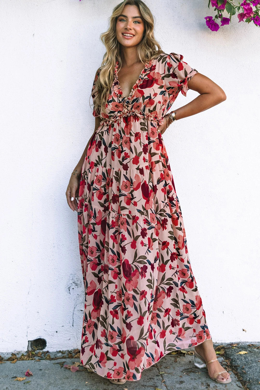Fiery Red Floral Print Frilled V Neck Short Sleeve Maxi Dress