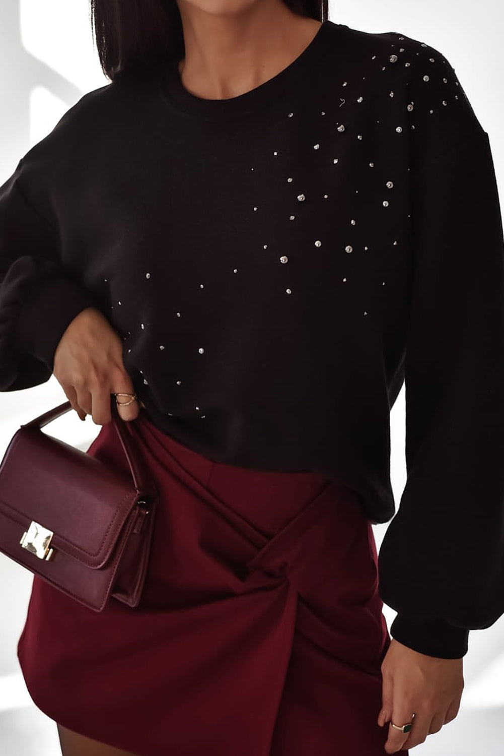 Black Rhinestone Embellished Drop Shoulder Ribbed Cuffs Wholesale Sweatshirt