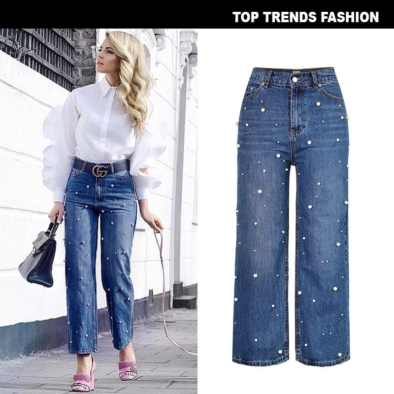 High waist straight loose wide leg pearl studded flared jeans
