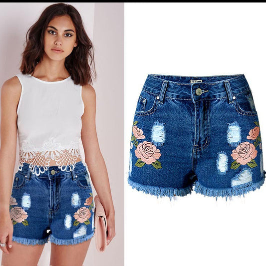 Flower embroidery frayed tassel slim fit denim shorts