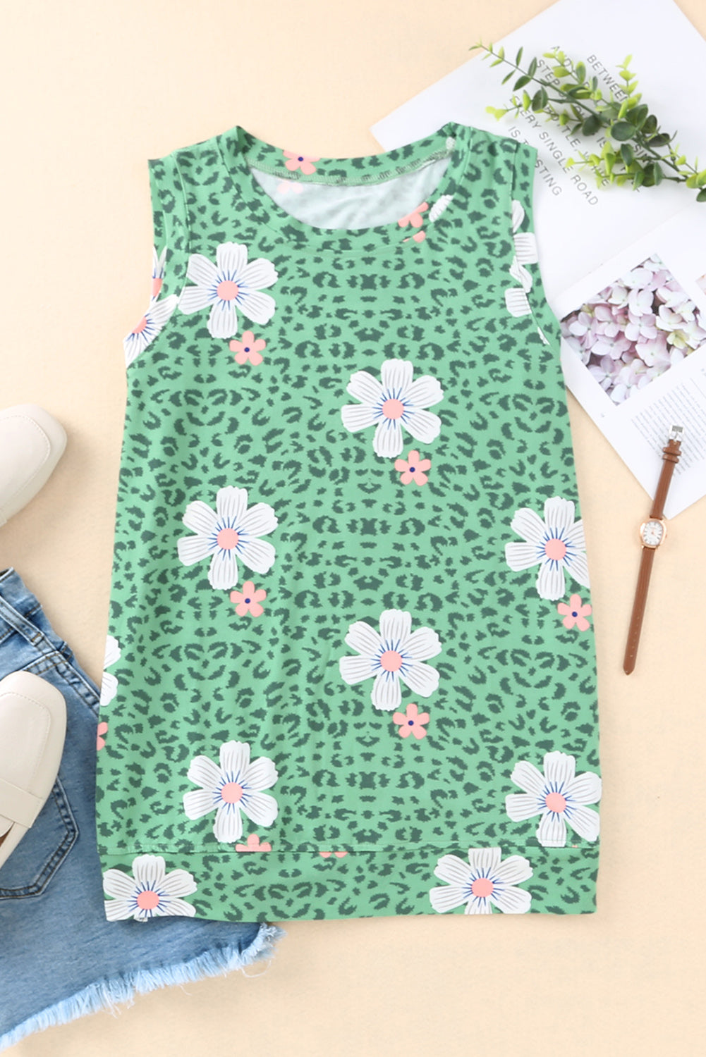 Green Crew Neck Floral Leopard Print Tank Top