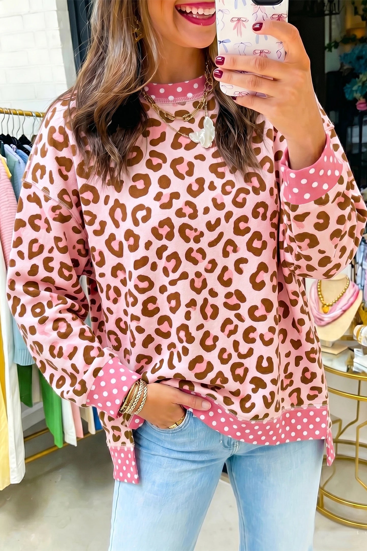 Pink Leopard Polka Dot Colorblock Trim Long Sleeve Top